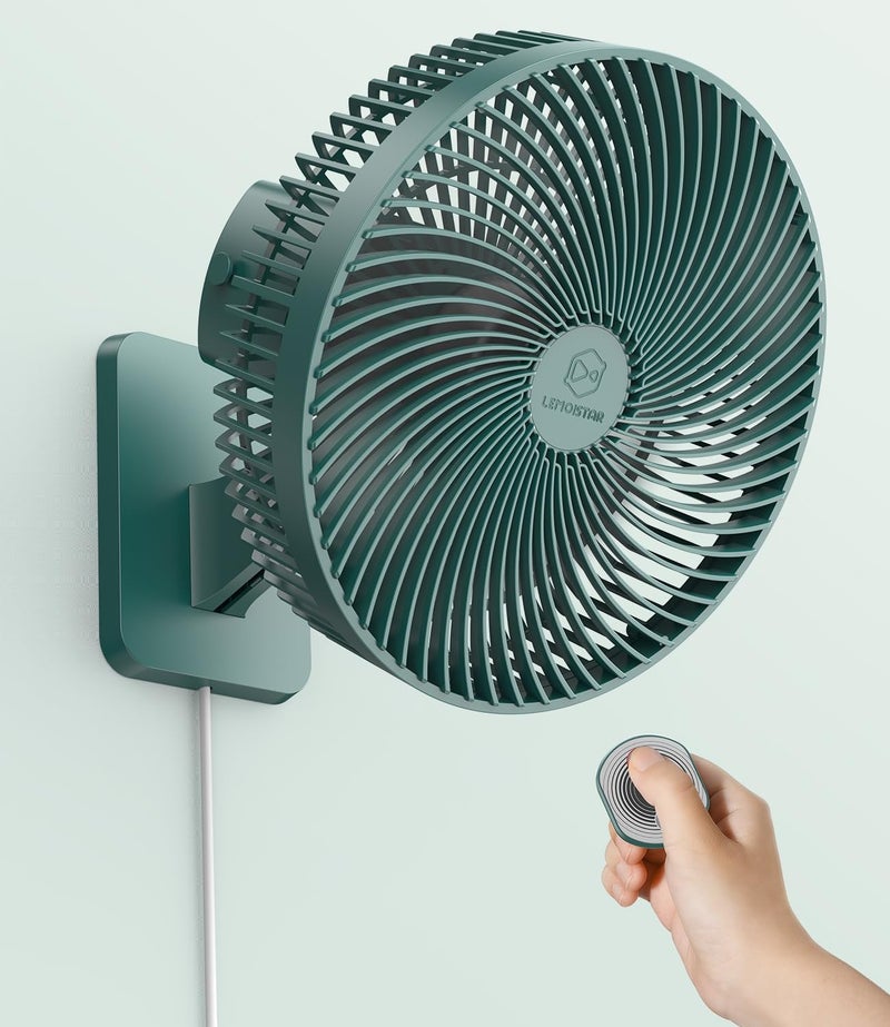 LEMOISTAR 10 Inch Wall Mounted Fan with Remote Control, 90° Oscillating, 4 Speeds, 4 Timer, Adjustable Tilt, 70 Inch Cord, Quiet, for Bedroom Garage RV Office Home Patio-Green - Image 1